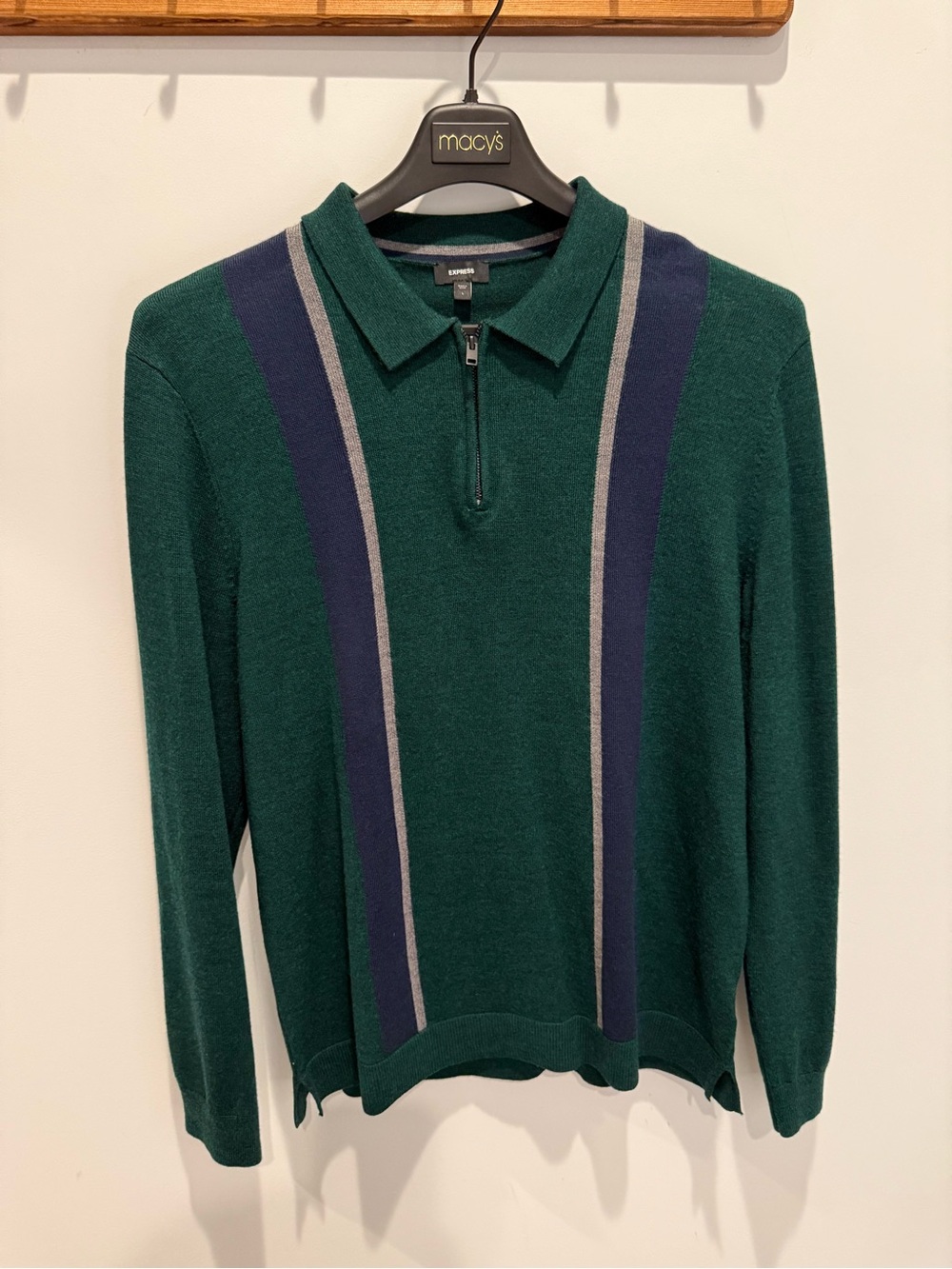Express Men's Forest Green Zip Polo Long sleeve Sweater 100% Merino Wool